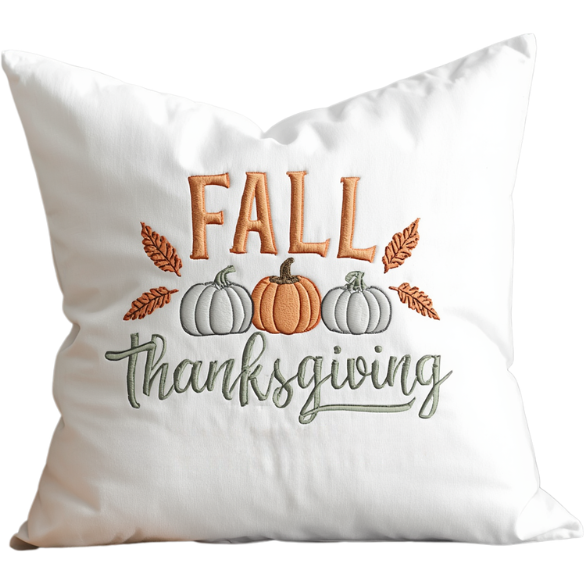 Fall Thanksgiving Embroidered Pillow with Burnt Orange Leaf and Pumpkin Design