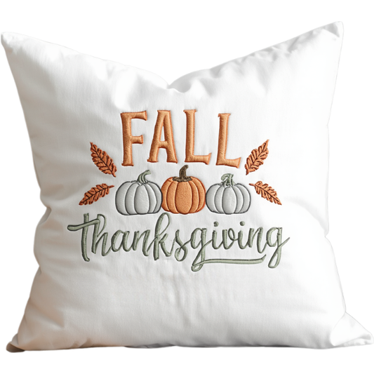 Fall Thanksgiving Embroidered Pillow with Burnt Orange Leaf and Pumpkin Design