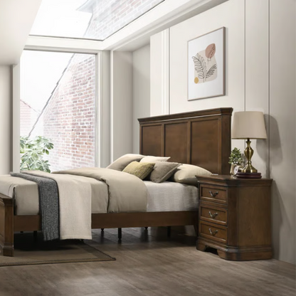 Traditional Wood Panel Bedroom Set with Dresser, Mirror, Nightstand, and Chest in Antique Walnut Finish