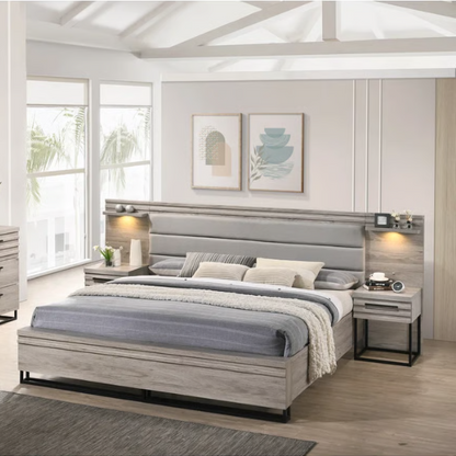 Upholstered 5-Piece Bedroom Set with Weathered Gray Finish, LED Piers, and Functional Storage