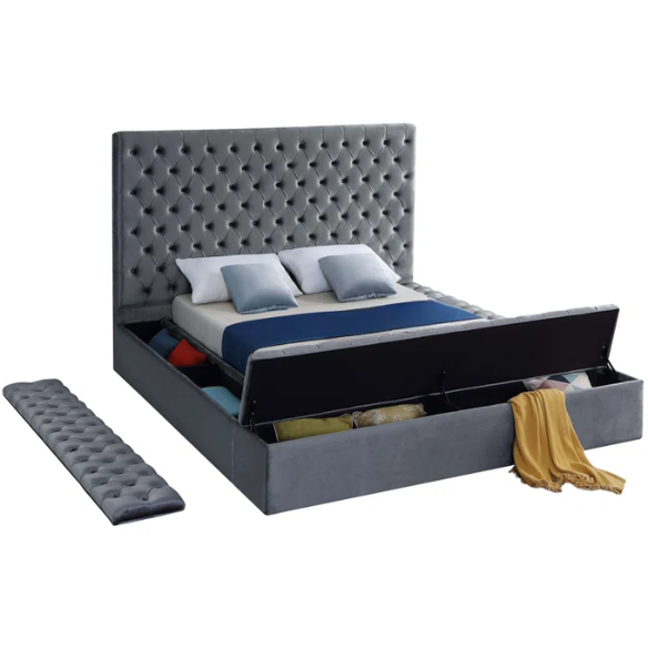 Elegant Velvet Upholstered King Size Platform Storage Bed with Tufted Headboard and Slats