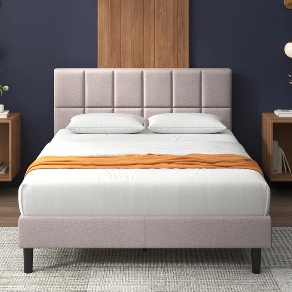 Modern King Size Upholstered Low Profile Platform Bed – Square-Tufted Headboard, Durable Steel Frame
