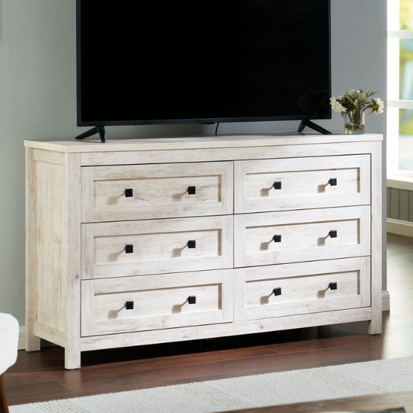6-Drawer Dresser – A Perfect Blend of Rustic Charm and Industrial Elegance, Featuring a Clean-Lined Silhouette and Weathered Finish. Crafted from Solid and Engineered Wood