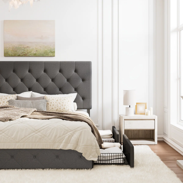 King Size Upholstered Platform Storage Bed with Spacious Drawers, Quiet Structure, and Sleek Minimalist Design