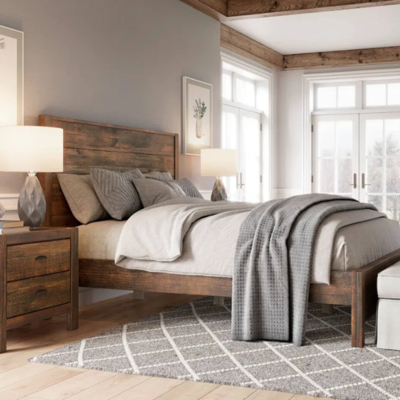Rustic Solid Pine Wood King Size Panel Bed with Distressed Finish and Streamlined Headboard