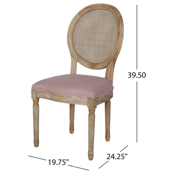Light Blush Upholstered Dining Chairs with Wicker Back and Distressed Natural Wood Legs (Set of 2) – Farmhouse French Country Accent Seating