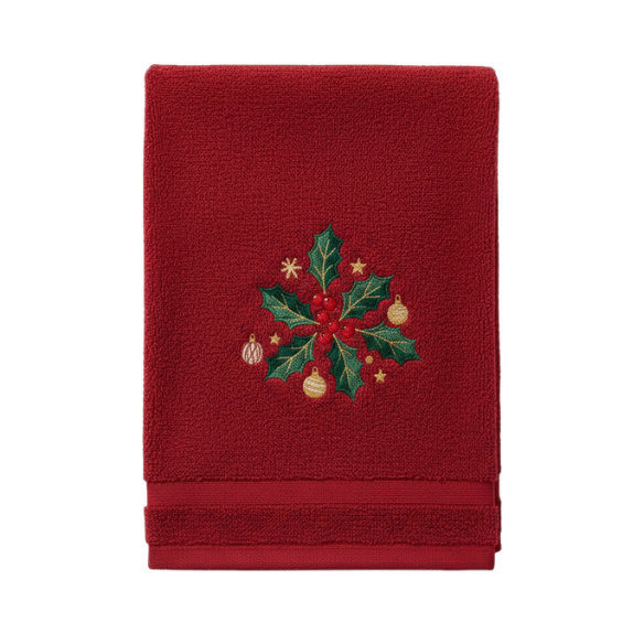 Festive Red Towel Adorned with an Embroidered Holly & Berry Wreath Design