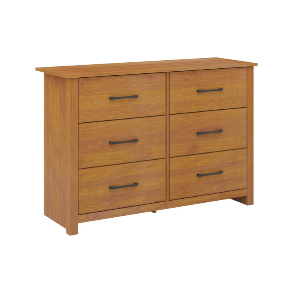 Modern 6-Drawer Double Dresser with Flared Feet and Sleek Black Metal Handles