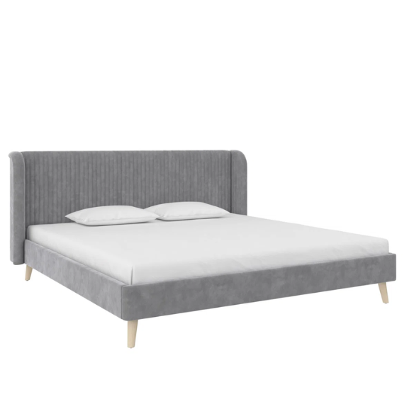 King Size Upholstered Wingback Platform Bed – Luxe Velvet Headboard with Vertical Tufting, Mid-Century Modern Design, and Space-Saving Wooden Frame