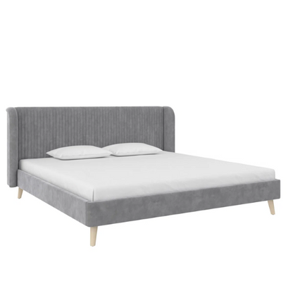 King Size Upholstered Wingback Platform Bed – Luxe Velvet Headboard with Vertical Tufting, Mid-Century Modern Design, and Space-Saving Wooden Frame
