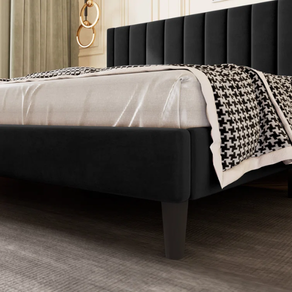 King Size Upholstered Platform Bed with Velvet Headboard, Foam Padding, and Noise-Free Construction for Ultimate Comfort