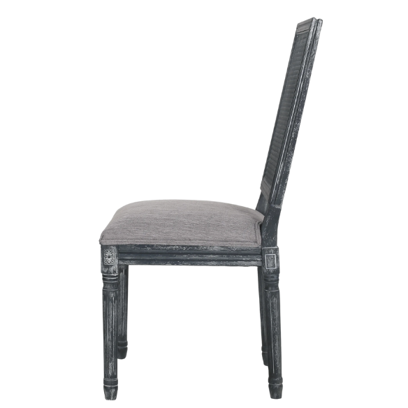 French Country Wood and Cane Upholstered Dining Chairs – Weathered Rubberwood Frame with Fluted Legs & Rectangular Cane Backrest