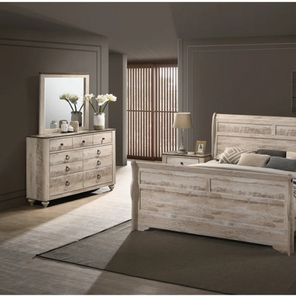 Shabby Elegance 5-Piece Sleigh Queen Bedroom Set – Vintage White-Washed Finish, Designer Antique Metal Pulls, and Spacious Drawers with Felt-Lined Top Drawers