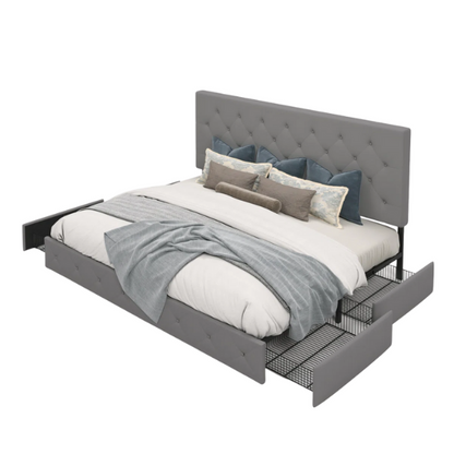 Queen Size Upholstered Platform Storage Bed with Tufted Button Accent Design