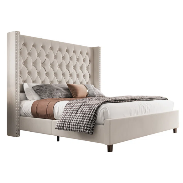 Queen Size Upholstered Velvet Bed – The Epitome of Luxury and Comfort with Majestic 61.4-Inch Extra-High Headboard