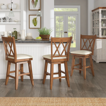 Double X Back Wood Swivel Bar Stool – Vintage Charm with Upholstered Linen Seat Cushion, Swivel Function, and Distressed Finishes for Elegant Bar or Counter Seating