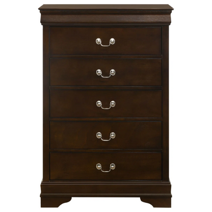 5-Piece Bedroom Set – Traditional Style with Flared Headboard, Dovetail Construction, Silver Bail Handles, and Spacious Storage – Crafted from Select Hardwoods and Veneers in a Warm Cappuccino Finish – Includes Bed, Nightstand, Dresser, Chest, and Mirror