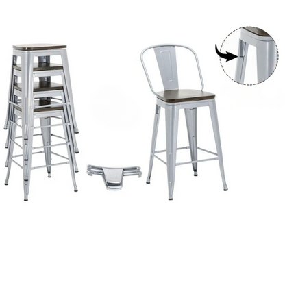 Set of 4 Farmhouse Counter Height Bar Stools – Rustic Industrial Style with Removable Backrest, Heavy-Duty Steel Frame, and Scratch-Resistant Finish