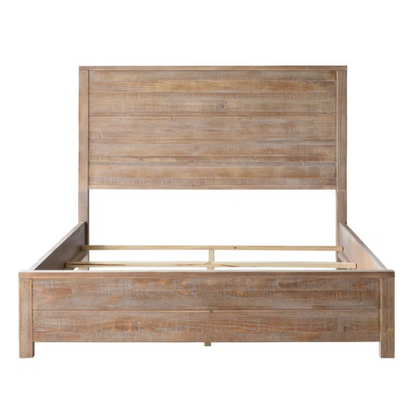 Rustic Solid Pine Wood King Size Panel Bed with Distressed Finish and Streamlined Headboard