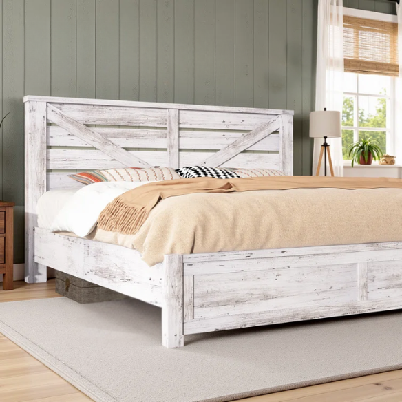 Farmhouse Classic Bed Frame with 49.2" Barn Door-Inspired Headboard, Ample Under-Bed Storage, Sturdy Metal Frame, and Silent Cotton Padding for Peaceful Sleep