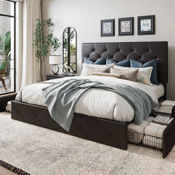 Queen Size Upholstered Platform Storage Bed with Tufted Button Accent Design