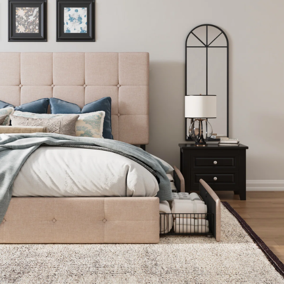 Queen Size Upholstered Platform Storage Bed with Tufted Button Accent Design