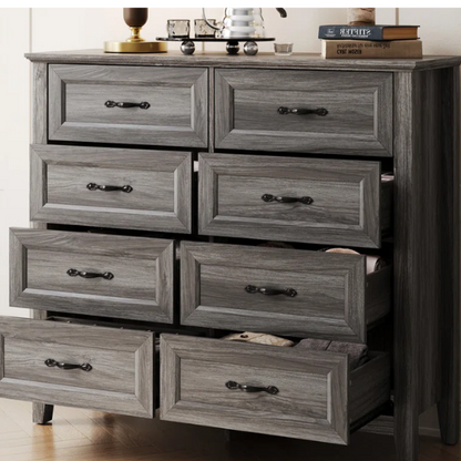 French Country-Inspired 8-Drawer 47.3" Double Dresser with Rustic Finish, Crown Molding, and Tapered Legs