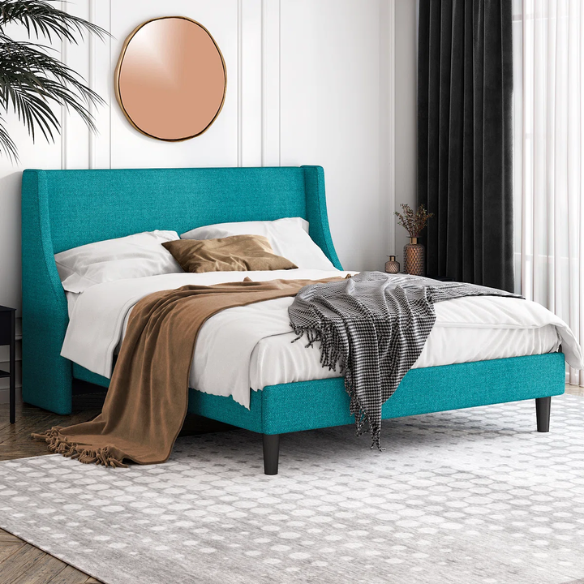 Modern Queen Size Upholstered Platform Bed with Deluxe Wingback and Linen Blend Fabric