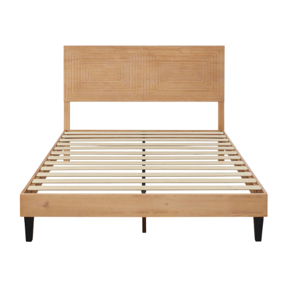 Mid-Century Modern King Size Solid Wood Platform Bed with Adjustable Height Headboard – Stylish Streamlined Design for a Contemporary Bedroom Look
