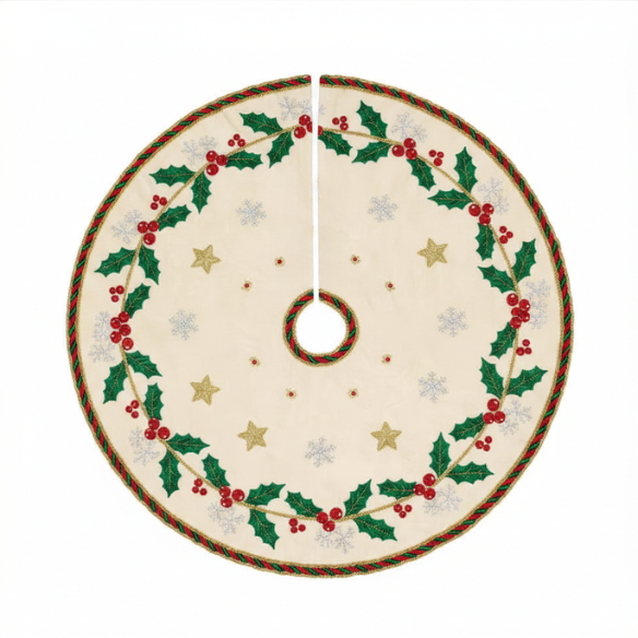 Cream Christmas Tree Skirt with Holly, Berries & Gold Stars