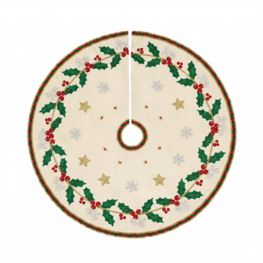 Cream Christmas Tree Skirt with Holly, Berries & Gold Stars