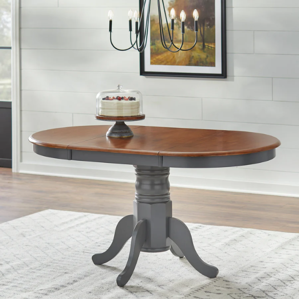 Farmhouse Solid Rubberwood Dining Table with 22-Inch Extension Leaf – Pedestal Base, Seats 6, Available in Oak, Matte Black, White/Natural, Grey/Walnut Finishes