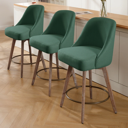 Modern Counter Height Swivel Bar Stool – Upholstered Faux Leather/Polyester Blend Seat, Solid Beech Wood Frame, Ergonomic High Back, Bronze Metal Footrest, 300lb Capacity for Kitchen, Bar, or Pub