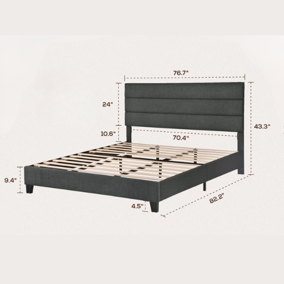 King Size Upholstered Platform Bed with Steel Frame, Foam Padding, and Durable Slat Support