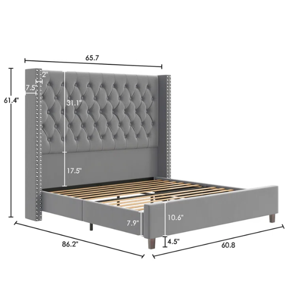 Queen Size Upholstered Velvet Bed – The Epitome of Luxury and Comfort with Majestic 61.4-Inch Extra-High Headboard