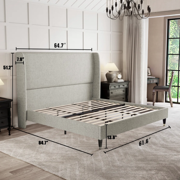 Queen Size Sleek and Minimalist Upholstered Platform Bed with Soft Linen Fabric – Elegant and Modern Design