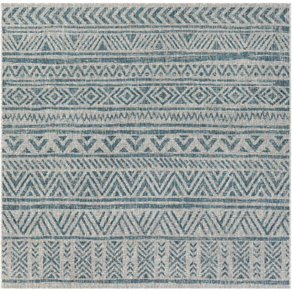 Striped Geometric Area Rug – Aqua & Taupe, Durable Polypropylene, Low-Pile Design for High-Traffic Indoor/Outdoor Spaces