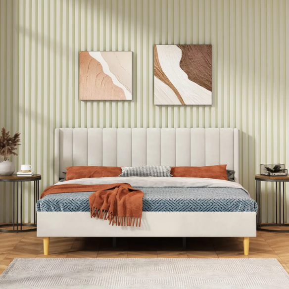 Luxury Corduroy Upholstered King Size Platform Bed Frame - Stylish Modern Wingback Design with Ultimate Comfort