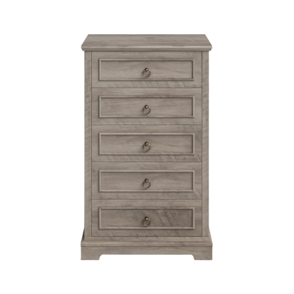 French Country-Inspired 5-Drawer Chest with Metal Ring Handles, Paneled Detailing, and Classic Crown Molding