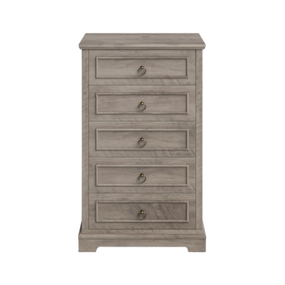French Country-Inspired 5-Drawer Chest with Metal Ring Handles, Paneled Detailing, and Classic Crown Molding