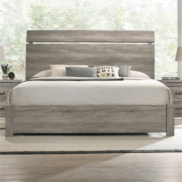 Contemporary Style Weathered Gray Wood 4-Piece Bedroom Set with Panel Bed, Dresser, Mirror, and Nightstand