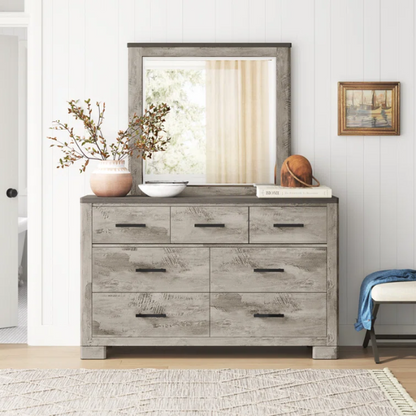 Coastal Farmhouse-Inspired King Size Bedroom Set: Distressed Whitewash Finish with Natural Brown Accents – Includes Platform Bed, 2-Drawer Nightstand, 7-Drawer Dresser with Mirror, and Optional 5-Drawer Chest for Complete Storage Solution