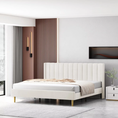 Luxury Corduroy Upholstered King Size Platform Bed Frame - Stylish Modern Wingback Design with Ultimate Comfort