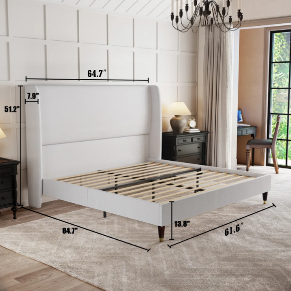 Queen Size Sleek and Minimalist Upholstered Platform Bed with Soft Linen Fabric – Elegant and Modern Design