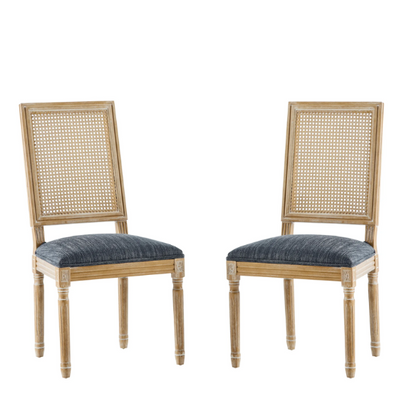 French Country Wood and Cane Upholstered Dining Chairs – Weathered Rubberwood Frame with Fluted Legs & Rectangular Cane Backrest