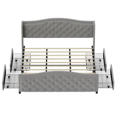 Luxurious King Size Velvet Upholstered Platform Bed with Tufted Camelback Headboard, Nailhead Trim, and 4 Built-In Storage Drawers – Stylish and Functional Bedroom Upgrade