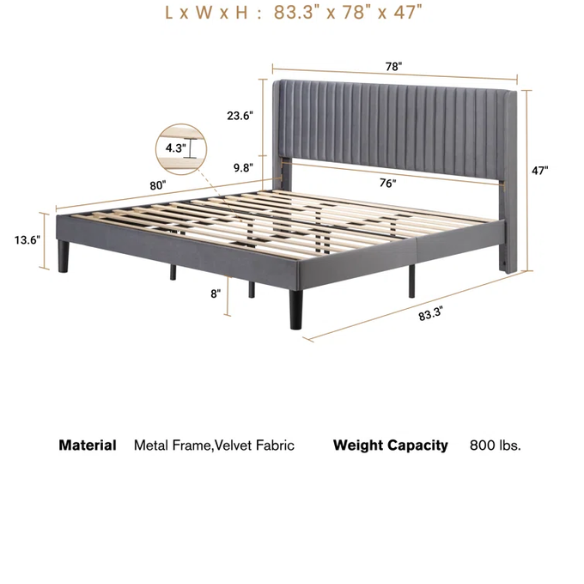 King Size Upholstered Platform Bed with Wingback Headboard – Simple, Elegant Design, Sturdy Wooden Slats, No Box Spring Needed for a Luxurious Sleep Experience