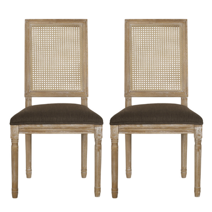 French Country Wood and Cane Upholstered Dining Chairs – Weathered Rubberwood Frame with Fluted Legs & Rectangular Cane Backrest