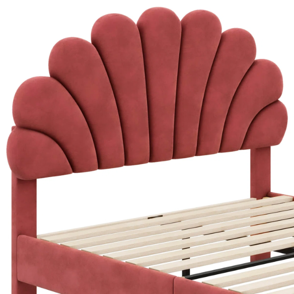 Upholstered Platform Bed with Flower Pattern Velvet Headboard – Full/Double Size, Elegant Design for Modern Bedrooms