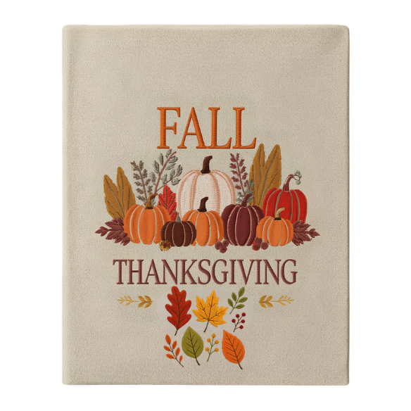 Embroidered Leafy Fall Thanksgiving Blanket with Pumpkins – Lightweight Throw